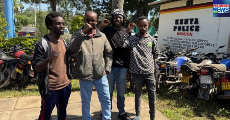 Four Kenyan filmmakers allegedly linked to BBC's Blood Parliament documentary Nicholas Gichuki Wambugu, MarkDenver Karubiu, Brian Adagala and Chris Wamae after their release on Saturday, May 3, 2025. (From L-R).