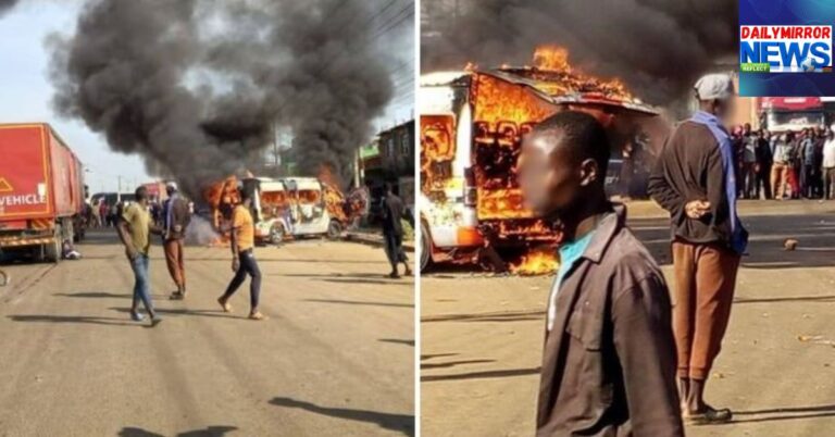 A 14-seater matatu is on fire along the Kisumu-Busia highway in Luanda, Vihiga County, on Saturday, September 6, 2025