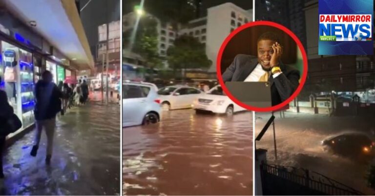 A collage of flooding in various areas of the Nairobi CBD and other residential areas on Friday, October 3, with an insert of Nairobi Governor Johnson Sakaja.