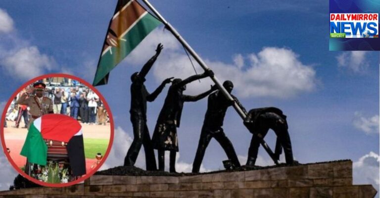 An artistic impression of people raising the Kenyan flag and an insert of the body of Raila Odinga inside a casket.
