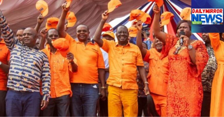 Orange Democratic Movement (ODM) party leader Raila Odinga flanked by senior members of ODM during a past ODM function.
