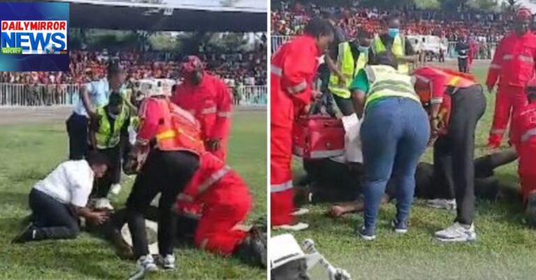 Paramedics attending to a mourner who collapsed at the Mamboleo Stadium in Kisumu moments after viewing former Prime Minister Raila Odinga's body on Saturday, October 18, 2025.