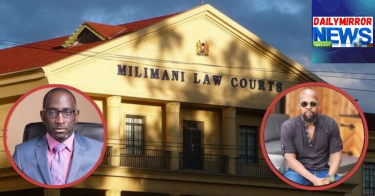 The Milimani Law Courts in Nairobi and inserts of Preacher Robert Burale (left) and Radio Host Alex Mwakideu