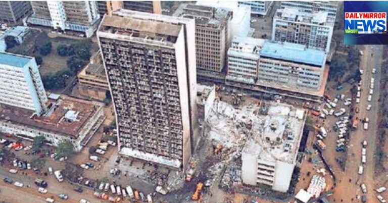 An aerial view of the aftermath of the bombing of the US Embassy in Kenya's capital Nairobi on August 7, 1998