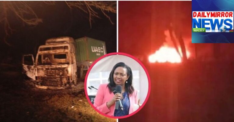 A photo collage of a severely burnt trailer and a private car in flames in Kihoto, Nakuru County, on Thursday, November 6, 2025.