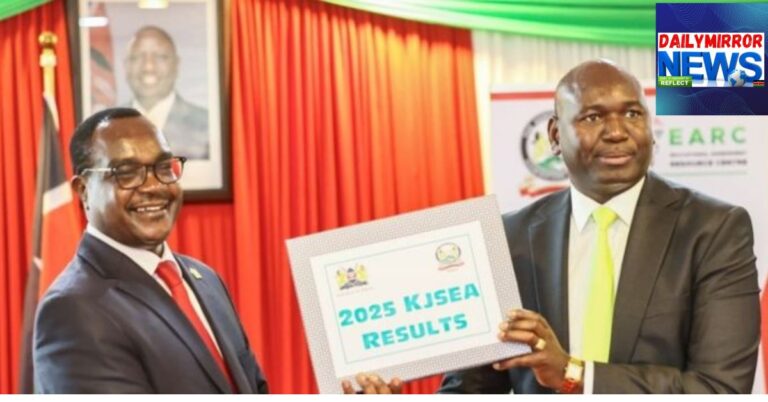 Education Cabinet Secretary Julius Ogamba (Left) alongside Basic Education Principal Secretary Julius Bitok during the release of 2025 KJSEA results.