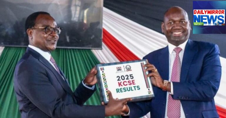 Education CS Julius Ogamba and PS Julius Bitok, during the release of the 2025 KCSE results at the AIC Chebisaas High School in Eldoret, Uasin Gishu County, on January 9, 2025.