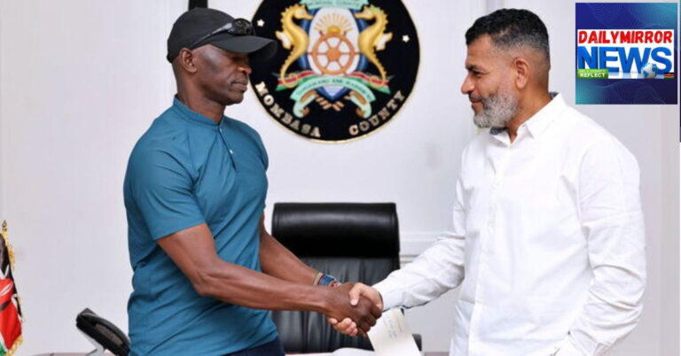 Mombasa Governor Abdulswamad Sheriff Nassir shakes hands with the former Prime Minister Raila Odinga's bodyguard Maurice Ogeta at his office on January 8, 2025. (1)