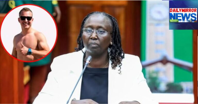 A collage of Gender CS Hanna Wendot Cheptumo and the Russian guy (insert) accused of exploiting women in Kenya and Ghana.