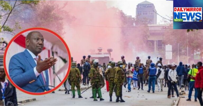 Anti-riot police officers alongside protesters in the Nairobi CBD on June 25, 2025 and an insert of President William Ruto.