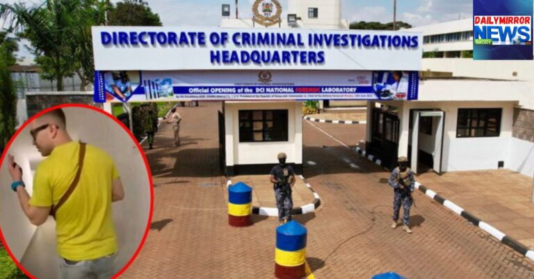DCI headquarters along Kiambu Road alongside an insert of a Russian man suspected to have filmed women without their consent.