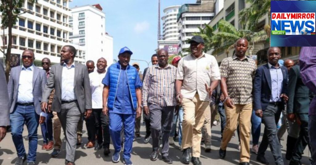 Kalonzo Musyoka, Rigathi Gachagua and Eugene Wamalwa, among other opposition leaders, march towards Jogoo House on February 16, 2026