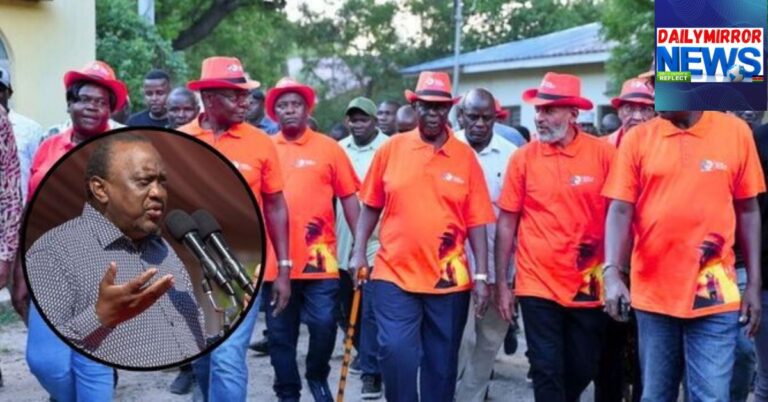 ODM party leadership at the National Governing Council meeting held at Fort Jesus Grounds in Mombasa on November 13, 2025 and an insert of former President Uhuru Kenyatta.