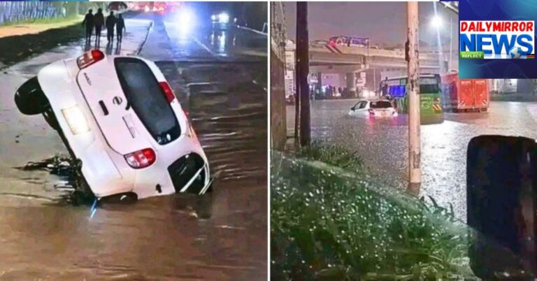A car falls into a ditch along Uhuru Highway and vehicles stuck in floodwaters in Nairobi, Friday, March 6, 2026.