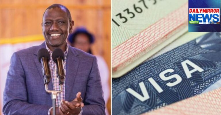 A photo collage of President William Ruto at a church service in Kiambu County and a visa