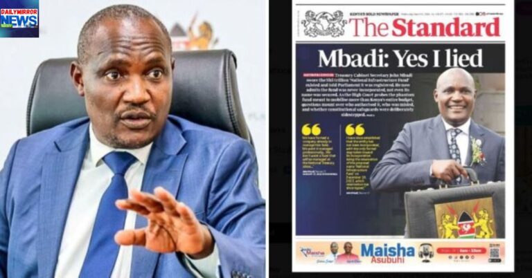 A photo collage of Treasury Cabinet Secretary John Mbadi (left) and The Standard Newspaper Wednesday edition front page.