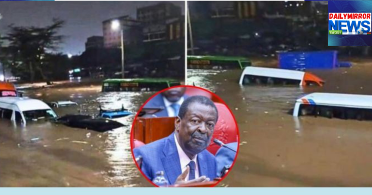 Musalia Mudavadi Rules Out Relocating Kenya’s Capital from Nairobi Image showing floods in Nairobi CBD on March 6, 2026 with an insert of PCS Musalia Mudavadi