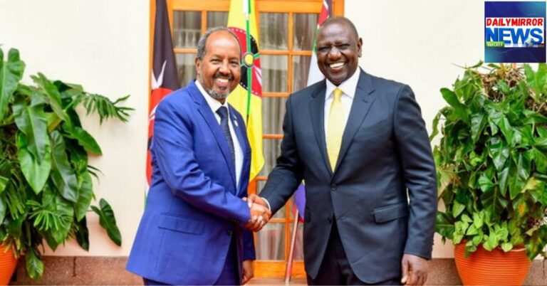 President William Ruto with Somali President Hassan Mohamud during a past visit at State House, Nairobi. P