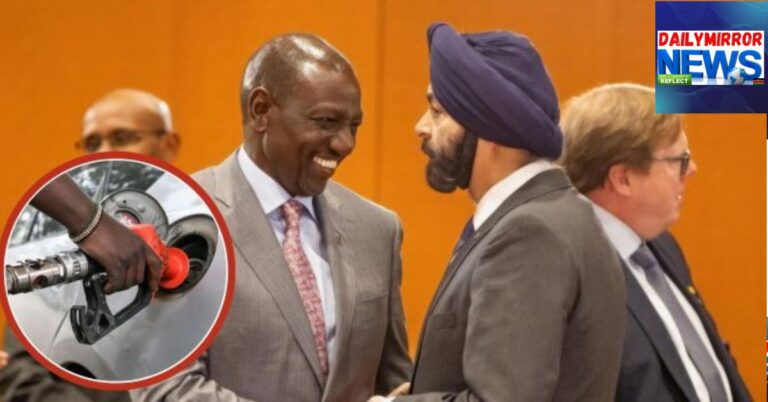 President William Ruto with World Bank President Ajay Banga on the sidelines of the G20 Compact with Africa Conference in Berlin, Germany and an insert of a man fueling a car at a petrol station.