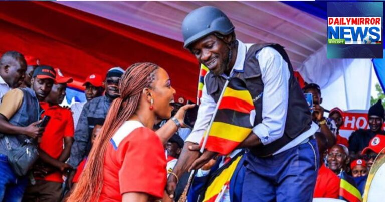 Uganda Opposition candidate Bobi Wine with a supporter during a past political event.