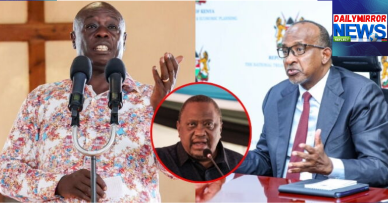 A collage of DCP Party leader and Former Deputy President Rigathi Gachagua (left), Health Cabinet Secretary Aden Duale (right), and Former President Uhuru Kenyatta encircled in the middle