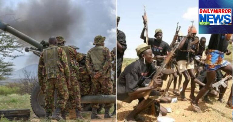 A photo collage of KDF officers during a training exercise (left) and suspected armed bandits (Right)