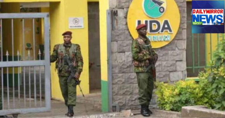 A photo of Police Officer manning UDA Party Headquarters in Nairobi.