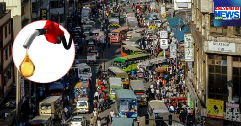 An image of Matatus in the busy streets of Nairobi, with a fuel pump with fuel drop on the side.