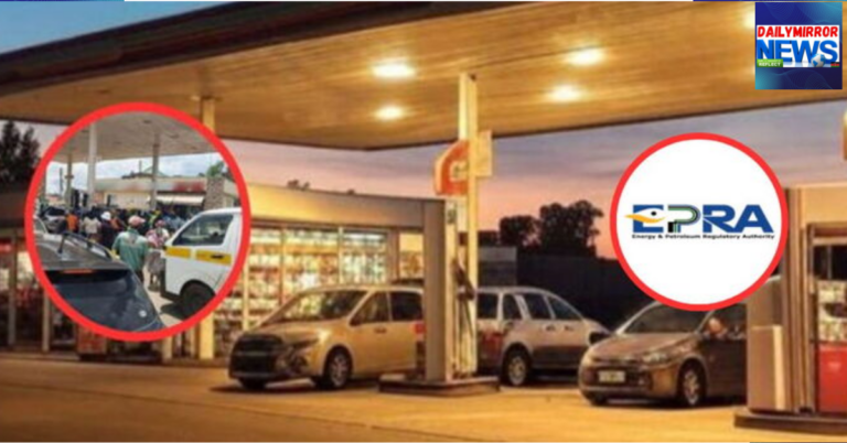 An image of a petrol station and inserts of motorists queuing for fuel at a petrol station and the EPRA logo