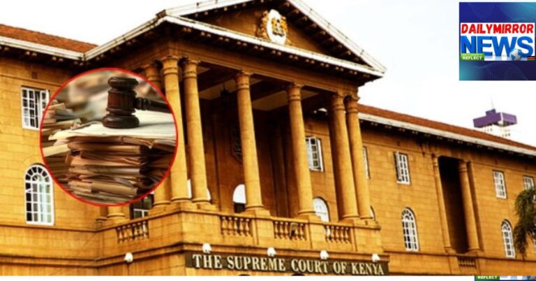 An image of the Supreme Court of Kenya Building in Nairobi, with a side image of old court records piled up.