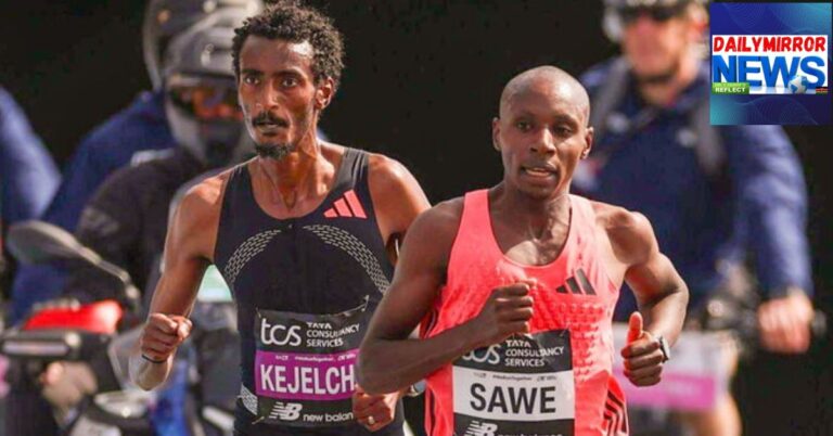 Kenyan marathon runner Sebastian Sawe during the London 2026 Marathon, where he broke the late Kevin Kiptum's record by shaving the under two-hour mark on April 26