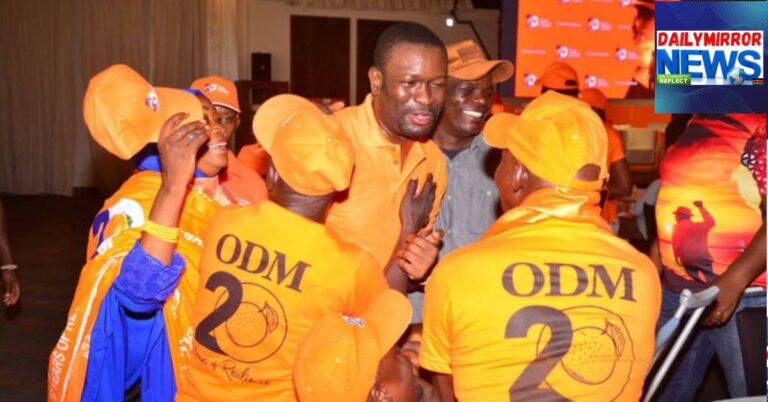 ODM party members, along with supporters and Secretary General Edwin Sifuna, join in a dance during a PWD breakfast meeting on the sidelines of the ODM@20 celebrations in Mombasa on November 14, 2025.