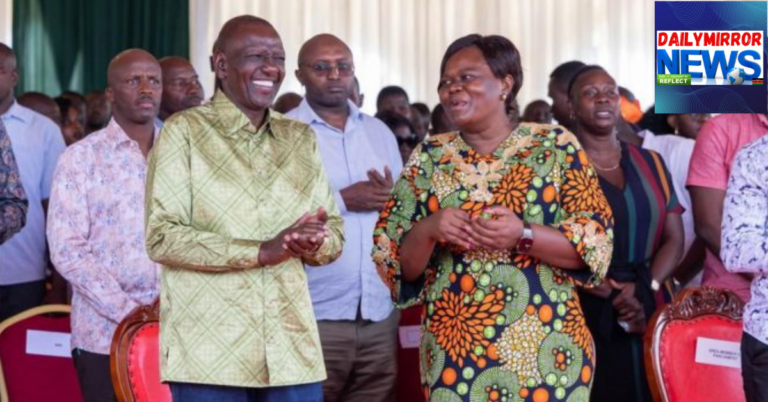 President William Ruto and Homabay county governor Gladys Wanga converse during a church service at Agoro Sare High School on March 22, 2026