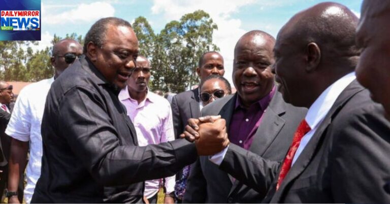 Retired President Uhuru Kenyatta shakes hands with former DP Rigathi Gachagua during the funeral service of Senator Daniel Karaba in Kirinyaga County, April 1, 2026.
