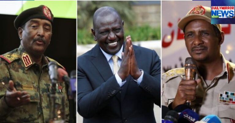 A photo collage of Sudanese junta leader Abdel Fattah al-Burhan (Left), President William Ruto (Centre) and Rapid Support Forces (RSF) leader Mohammed Hamdan Daglo Hemedti (Right).