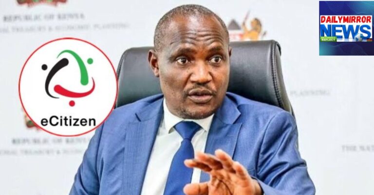 Mbadi Explains Why Fuel Remains Cheaper in Tanzania Compared to Kenya An image of Treasury Cabinet Secretary John Mbadi, with a side logo of eCitizen.
