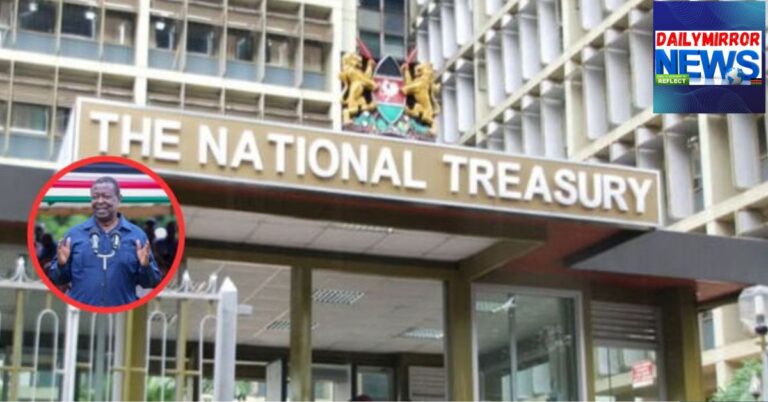 Entrance to the National Treasury Buildings in Nairobi and an insert of PCS Musalia Mudavadi.