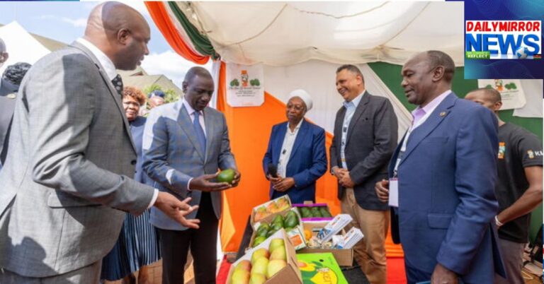 President William Ruto (holding avocado) with Murang'a Governor Irungu Kang'ata (far left) during the Murang'a County International Investment Conference on Friday, June 13, 2025