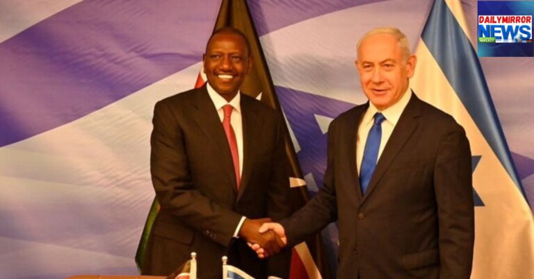 President William Ruto (left) shaking hands with Israel's Prime Minister Benjamin Netanyahu (right) on May 9, 2023
