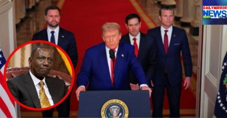 The United States President Donald Trump, addressing the press at White House in June 2025, and an insert of President William Ruto.