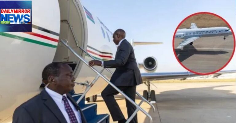 An image of President William Ruto boarding a plane with an insert of the Harambee One P