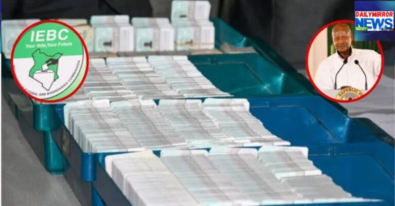 An image of Knya IDs at a Huduma Centre with inserts of the IEBC logo nd Uganda President Yoweri Museveni