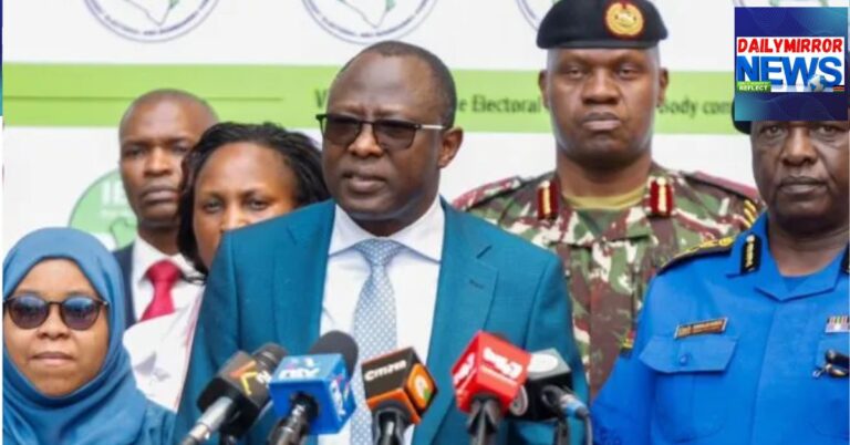 IEBC chairperson Erastus Ethekon, flanked by senior police chiefs during a press briefing on election preparedness on July 14, 2026.