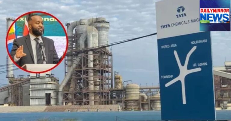 Tata Chemicals Magadi Factory located in Kajiado County, with an insert of Mining CS Hassan Joho