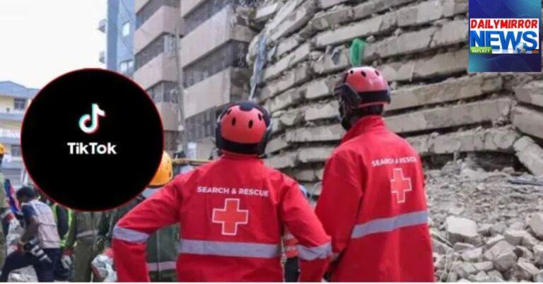 An image of the rescue operations at the scene of the collapse of the Eastleigh building, with an inset of the TikTok logo.