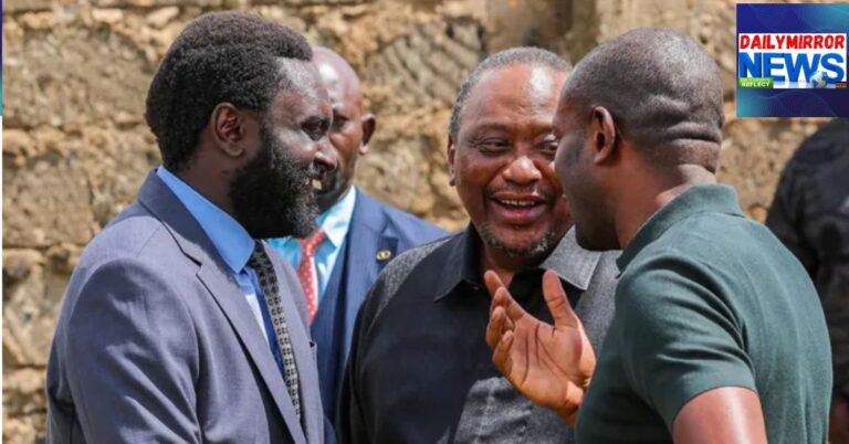 Retired President Uhuru Kenyatta chatting with Senators John Methu (Nyandarua) and Edwin Sifuna (Nairobi) at the funeral service of Mwalimu Jackson Karua in Gichugu, Kirinyaga County, on Saturday, October 3, 2026.
